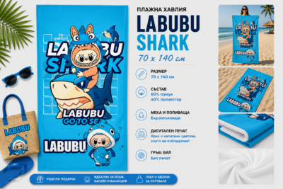 Плажна хавлия Labubu Shark, 70x140 см