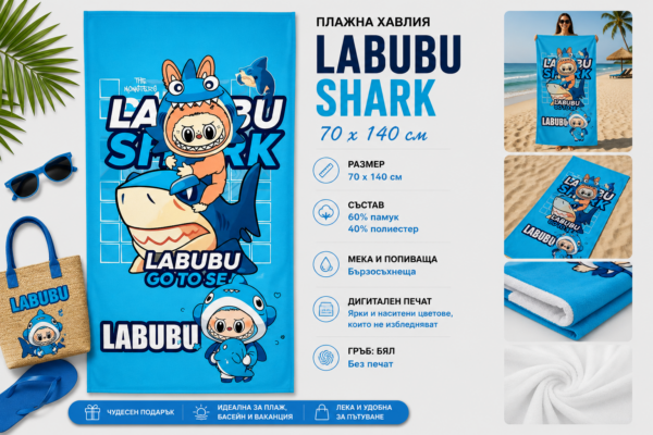 Плажна хавлия Labubu Shark, 70x140 см