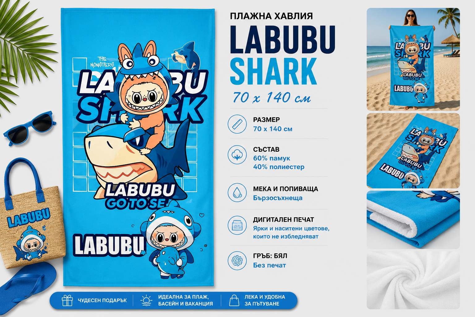 Плажна хавлия Labubu Shark, 70x140 см