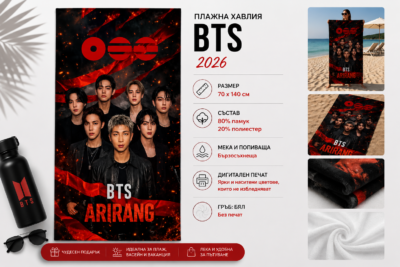 Плажна хавлия с BTS 2026, 70x140 см